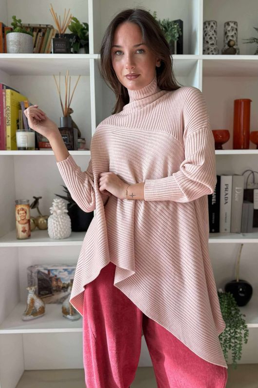 Bowie Asymmetric Turtle Neck Ribby Knit Shrimp /26 =